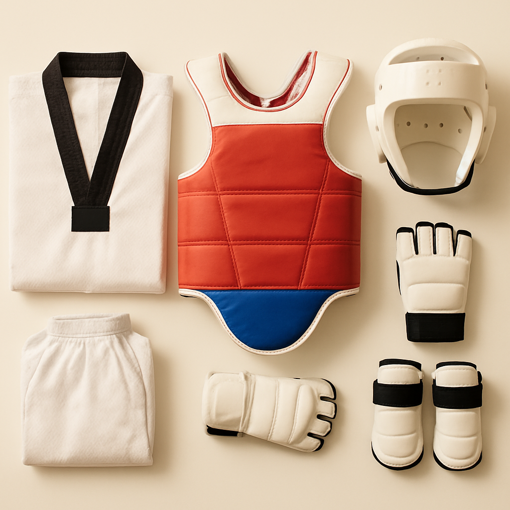 Equipamiento completo de taekwondo dispuesto sobre superficie blanca